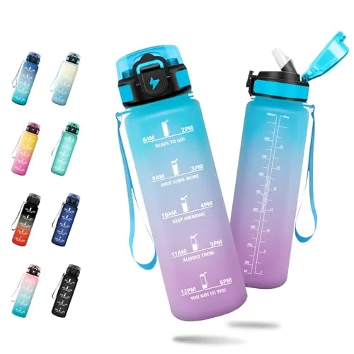 JAPORIA Sport Trinkflasche 1L, Sportflasche mit Filte, Auslaufsichere Wasserflasche Kohlensäure Geeignet, Leicht zu Reinigen, Wasserflasche mit Zeitmarkierung, Sportflasche für Schule, Camping