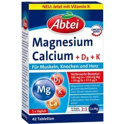 Abtei Magnesium Calcium+d+k Tabletten - Nahrungsergänzungsmittel mit 500 mg Calcium, 250 mg Magnesium sowie Vitamin D3 und K1, unterstützt die Knochengesundheit und das allgemeine Wohlbefinden.