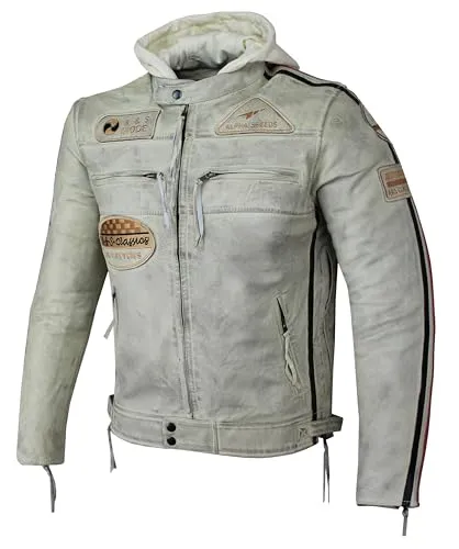 Herren Motorradjacke Lederjacke Biker Jacke mit Protektoren in weiß von Alpha Speeds