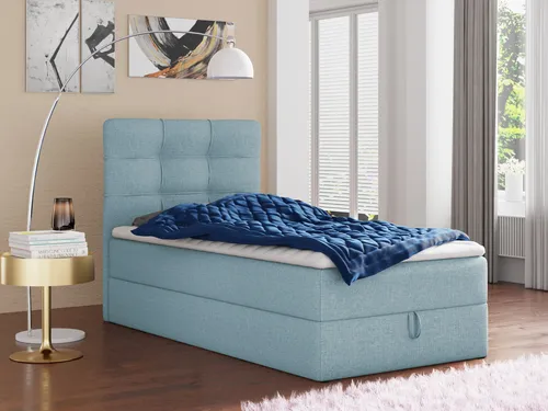 Boxspringbett Best Mini mit Bettkasten - Einzelbett 120x200 cm in Blau - Stylisches Polsterbett mit praktischem Bettkasten und luxuriöser Bonell-Matratze. Inklusive hochelastischem Matratzentopper für optimalen Schlafkomfort.