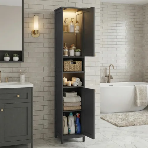 VASAGLE Hochregal für das Badezimmer mit verstellbaren Regalen, schwarz - Praktisches Hochregal für das Badezimmer mit verstellbaren Regalen. Platzsparendes Design für kleine Räume. Automatisches Licht erleichtert das Finden von Gegenständen im Dunkeln. Robuste Bauweise für sicheren Stand.