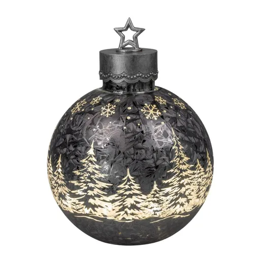 LED Dekoobjekt Kugel FROSTY WINTERWALD H. 34cm - Fensterdekoration mit stimmungsvollem LED-Licht, aus grauem Glas und in Kugelform – perfekt für winterliche Akzente im Zuhause.