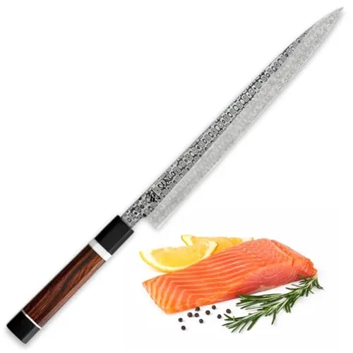 Seishin Sashimi Messer 28,5 cm – Exklusives Damaststahl Küchenmesser - Küchenmesser aus 110 Lagen Damaststahl mit ergonomischem Griff aus Wüsteneisenholz und G10 – ideal für präzise Sashimi-Schnitte, geliefert in einer edlen Geschenkbox.