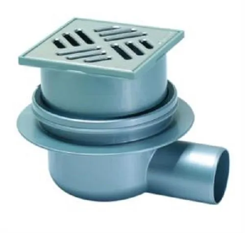 KESSEL Badablauf Classic Auslauf DN50 seitl. mit Rost 100x100 - Baudrainagen, hochwertiger Auslauf für zuverlässige Entwässerung in Badezimmern und Duschen