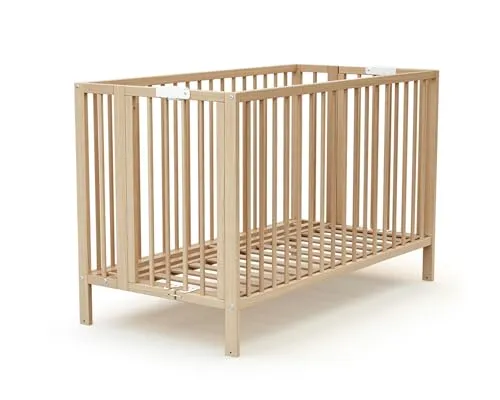 AT4 Klappbares Babybett PRO 60x120 cm - ESSENTIEL aus lackierter Buche - Gitterbetten - Praktisches, faltbares Babybett mit integriertem Lattenrost für optimalen Schlafkomfort und einfache Aufbewahrung. Ideal für Tagesmütter und Kindergärten.
