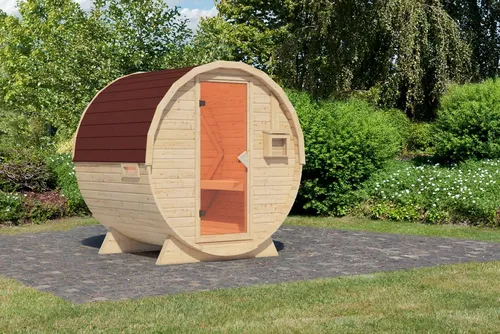 Karibu Fasssauna naturbelassen mit Schindeln rot, 225x175x229 cm - Fasssauna aus hochwertiger nordischer Fichte, 38 mm dicke Wände, ideal für entspannende Wellnessstunden im eigenen Garten.
