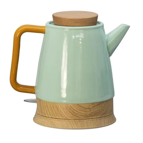 Elektrischer Keramik Wasserkocher 1,5 L mint/horn – stilvoll & nachhaltig - Wasserkocher aus geschmacksneutraler Keramik mit echtem Holzdeckel, 360° drehbarem Sockel und LED-Betriebsanzeige. Ideal für eine elegante, plastikfreie Küche.