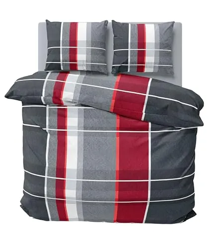 Produktbild one-home Winter Bettwäsche 200x220 cm kariert gestreift grau rot