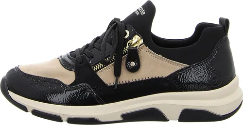 Remonte Damen-Sneaker-Slipper Schwarz-Beige - Modischer Sneaker aus Textil mit Keilabsatz für zusätzlichen Komfort. Ideal für Alltag und Freizeit, mit Wechselfußbett für individuelle Einlagen.