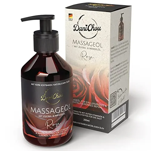 DaniChou Massageöl Rose 250ml - Natürliches Massageöl mit Jojobaöl & Mandelöl - Luxuriöses, revitalisierendes Gefühl - 100% vegane Naturkosmetik - Ohne Farb- & Konservierungsstoffe - Entspannung pur