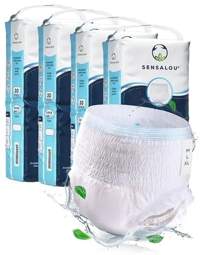 Sensalou Pants - Einmalwindeln für Erwachsene, Größe M (120 Stück) - Inkontinenz Schutzhosen mit super Saugkraft für mittlere bis starke Blasenschwäche. Diskrete und atmungsaktive Lösung für Alltag und Nacht, ideal für aktive Nutzer und Pflegebedürftige.