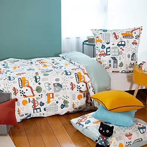 CÔTE DECO Bettwäsche für Kinder, wendbar, blau, Bettbezug 140 x 200 cm + 1 Kissenbezug 63 x 63 cm