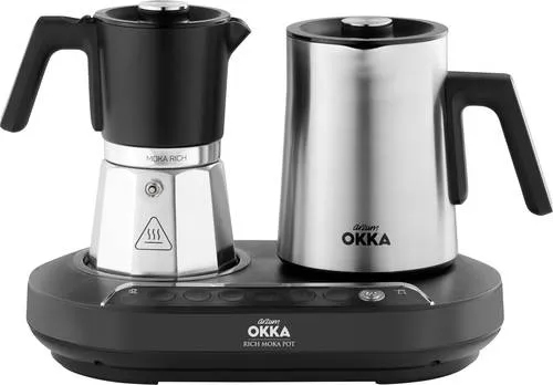 Arzum OK0027-0500 Mokka-Automat Schwarz, Chrom - Kaffeebereiter mit 5 Tassen Kapazität, vereint italienische und türkische Kaffeezubereitung für vielseitigen Genuss in einem Gerät.
