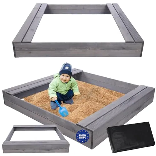 MODO24 Sandkasten mit Sitzbänken, Holzsandkasten, Gartenspielzeug für Kinder, Sandkasten für Garten, Outdoor Sandkasten mit Bänken, Abmessungen 140x137 cm, Farbe: Grau (imprägniert)