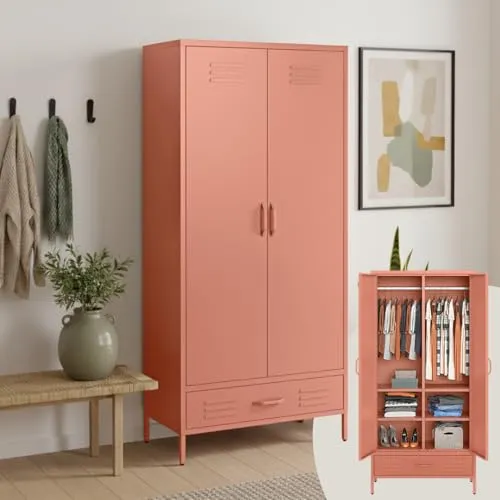 skølm Kleiderschrank Atria, Metall mit 2 Türen und Schublade, 170x80x45 cm - Vielseitiger Metallschrank mit 4 höhenverstellbaren Einlegeböden und Kleiderstange. Integrierte Lüftungsschlitze sorgen für frische Textilien. Robuste Stahlkonstruktion und modernes Design für jeden Raum.