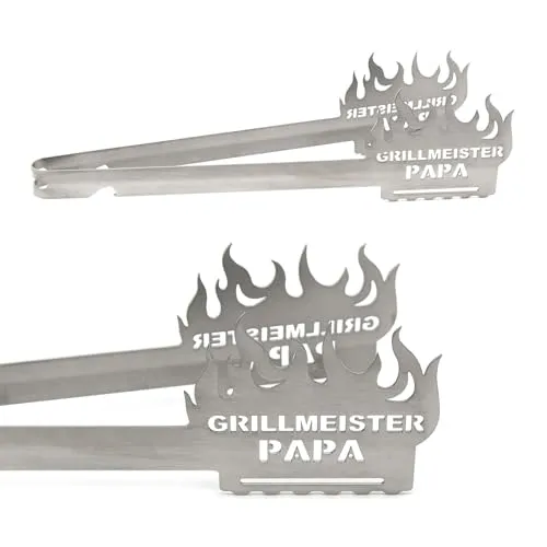 Grill-Zangen.de Grillzange, Spülmaschinengeeignet, Geschenkidee, Männergeschenk, Vatertag, Geburtstag, Grillgeschenk, Edelstahl, Silber, 31 cm
