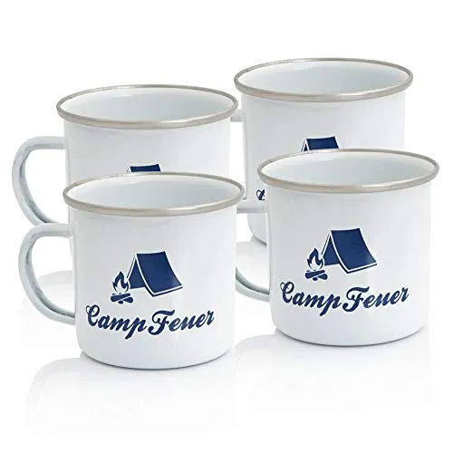 CampFeuer Emaille Tasse (4 Stück) | 350 ml - weiß | Emaillebecher mit Edelstahl Trinkrand | Becher, Camping Kaffeebecher Metall, Outdoor Tasse | Camping Zubehör