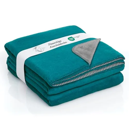 Moon Doubleface Kuscheldecke, Wohndecke aus Baumwollmischung - ca. 220x240 cm mit geketteltem Rand (Petrol/anthrazit)
