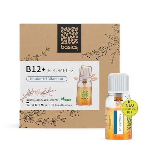 basics B12 + B-Komplex - Hochdosiert mit 500mcg Vitamin B12 für mehr Energie - Vitamin B-Complex Präparate mit allen 8 B-Vitaminen, unterstützt das Nervensystem und steigert die Energie. Innovatives 2-Kammer-System für maximale Frische und Wirksamkeit.