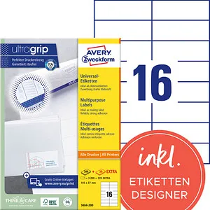 Zweckform 3484-200 Avery Etiketten 105 x 37mm, 3520 Stück - Selbstklebende Etiketten in A4, ideal für Druckaufträge. Mit innovativer Ultragrip-Technologie für staufreies Drucken und starkem Halt auf Papier und Kunststoff.