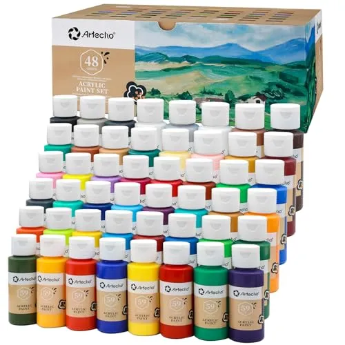 Artecho Acrylfarben Set 48x59 ml, Acrylic Paint Set, Wasserfest und Lichtecht, Schnell Trocknend, ideal für Leinwand, Papier und Stoffe.