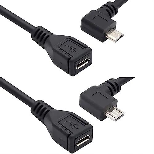 CY Micro USB 2.0 Stecker auf Micro USB 2.0 Buchse Verlängerungskabel links & rechts 90 Grad abgewinkelt, Vollpin verbunden, 0,5 m