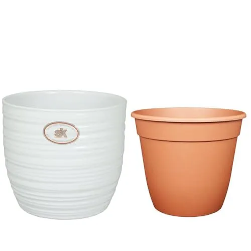 Set - SK Soendgen Keramikübertopf Bergamo ø13 cm, weiß glänzend + Pflanztopf ø12, hochwertiges Wohnambiente