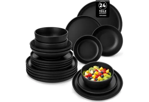 Geschirrset 6 Personen Steingut Teller Schalen 24 Teile Set Schwarz