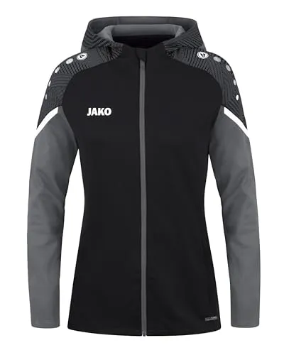 JAKO Damen Kapuzenjacke Performance, Schwarz/Anthra Light, 40 - Funktionsjacke aus 100% recyceltem Polyester, mit praktischen Reißverschlusstaschen und stylischen Kontrasteinsätzen im Schulterbereich.