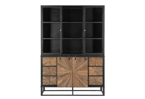 Baario Buffet Schrank MERID - Industrial Altholz Vitrine - Wohnzimmerschrank aus recyceltem Massivholz und Eisen, bietet 6 Schubladen und ist bereits fertig montiert für sofortigen Einsatz.