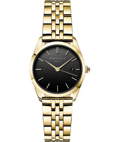 Rosefield Die Ace XS Gold Sunray Steel Armbanduhr - Elegante Armbanduhr für Damen mit sportlichem Look, 29 mm Goldgehäuse und schwarzem Zifferblatt. Wasserdicht bis 3 ATM – ideal für den Alltag. Perfektes Geschenk für jeden Anlass.