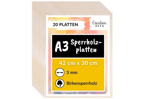 Creative Deco 20 x A3 Birkensperrholzplatte 3mm – Ideal für Bastelprojekte - Hochwertige Birkensperrholzplatten in A3-Größe (420 x 300 mm) für kreative Bastelideen. Perfekt für Laubsäge, Brandmalerei und CNC-Router. Verleihen Sie Ihren Projekten eine persönliche Note!