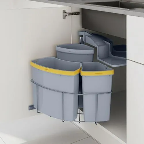 [en.casa] Einbau-Mülleimer Küche Kollby Mülltrennsystem 3fach für Unterschrank 50 cm breit 2 x 12L+1 x 6L Einbaumülleimer schwenkbar mit Deckel Grau