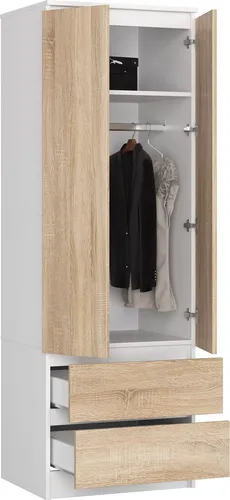 BDW, Kleiderschrank 2 Türen 2 Schubladen, 180x60x51 cm, Weiß / Eiche Sonoma