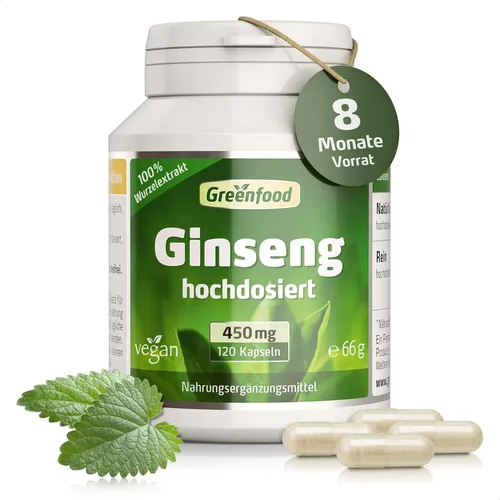 Ginseng hochdosierter Extrakt 450 mg - 120 Kapseln, vegan - Apfelessig-Kapseln mit 450 mg sibirischem Ginseng-Extrakt, ideal zur Unterstützung des Energiehaushalts und gegen Müdigkeit, frei von künstlichen Zusätzen.