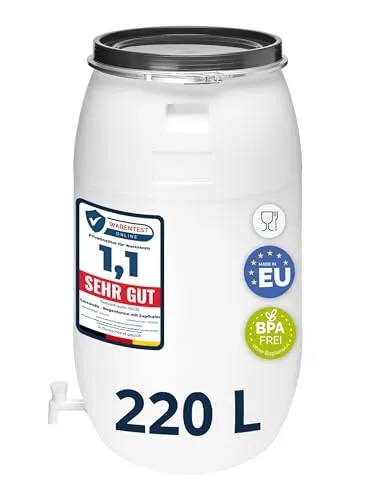 Garronda 220L Weithalsfass mit Deckel und Hahn aus HDPE für Haus & Garten - Vielseitiges 220L Kunststofffass von Garronda für die Aufbewahrung und Zubereitung von Lebensmitteln. Mit robustem Deckel und großem Zugang ideal für Garten und Transport, schützt vor Gerüchen und ist langlebig.