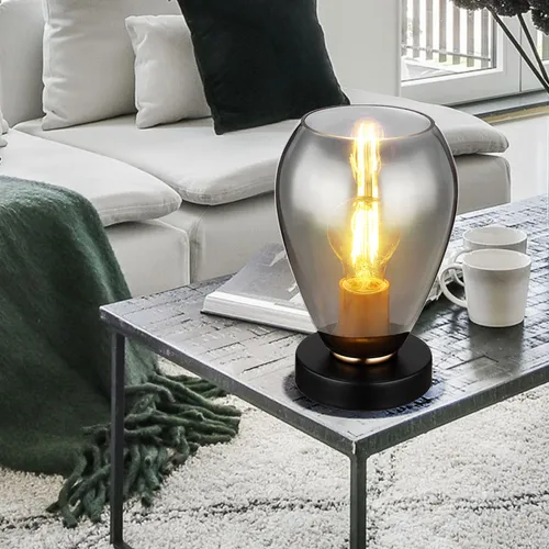 Stilvolle Tischleuchte aus Glas und Metall - Moderne Tischleuchte für Schlafzimmer und Wohnzimmer, mit elegantem Design aus schwarzem Metall und rauchigem Glas, ideal für gemütliche Beleuchtung.