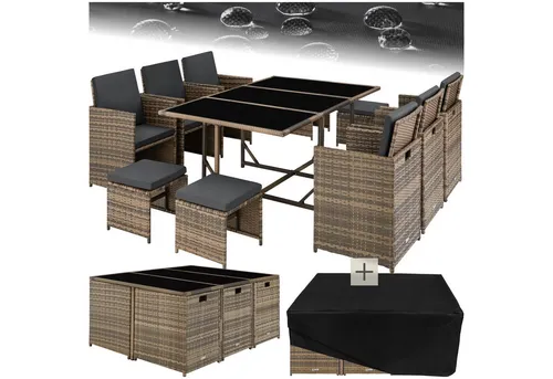 tectake® Rattan Sitzgruppe für 6 bis 10 Personen - UV-beständige Gartenmöbel aus hochwertigem Polyrattan, zusammenschiebbar und inklusive Schutzhülle für optimalen Schutz.