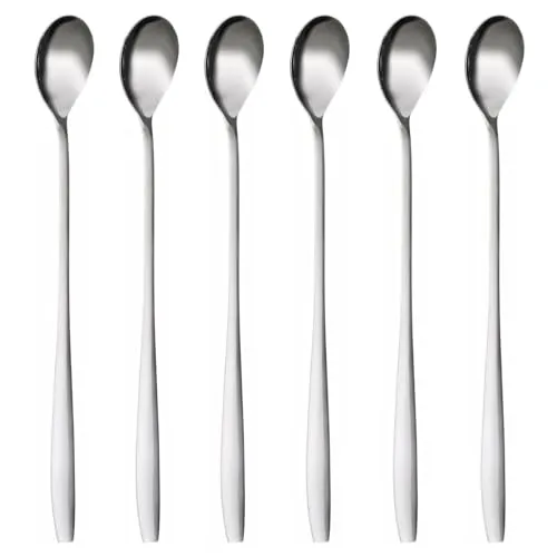 Longdrink Löffel, Latte Macchiato Löffel Set, 6-teilig, 22 cm lang, Eislöffel lang, Rührlöffel aus Edelstahl, Ideal für Eiskaffee, Cocktail, Eistee, Milchshake, Eisbecher