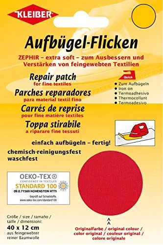Kleiber 40 x 12 cm Ausbesserungsflicken für feine Strickwaren aus Baumwolle zum Aufbügeln, rot