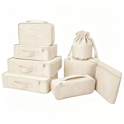 Koffer Organizer Reise Kleidertaschen 8 Sets/7 Farben Travel Gep?ck Organisatoren enthalten wasserdichte Schuh-Aufbewahrungsbeutel bequeme Kompressions Beutel f?¡ì1r Reisende (beige)