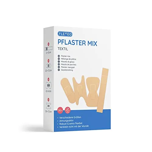 Pflaster Mix Set - in Textil beige 50 Stk - Box mit Fingerpflaster lang, Fingerkuppenpflaster, Fingergelenkpflaster & Pflaserstrips - Pflasterbox gefüllt für Reise & Büro - Pflasterset - band aid
