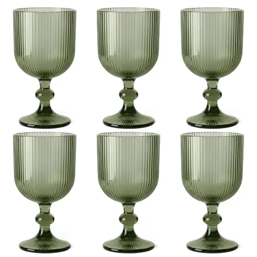 GMMH 6er-Set Geriffelte Trinkgläser und Weingläser, Line, Linie Geriffelt, Ribbed, Glas, Longdrinkgläser, Cocktail Gläser mit Prägung, Trinkglas, Weinglas, Wasserglas (Grün Weinglas)