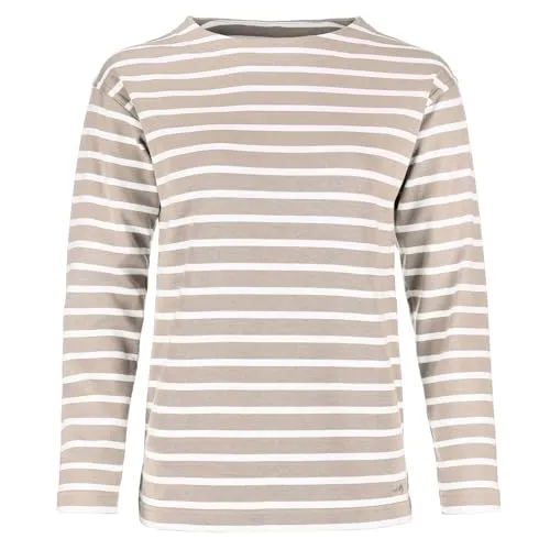 modAS Damen Shirt Bretonisches Damenshirt mit U-Boot Ausschnitt - Ringelshirt Streifenshirt Langarmshirt mit Streifen aus Baumwolle in Sand-Weiß Größe 52