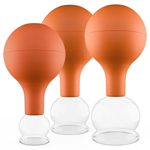 Pulox Schröpfgläser Set aus Echtglas mit Saugball - 3x Medizinisches Schröpfglas in Braun - 25mm, 32mm, 40mm