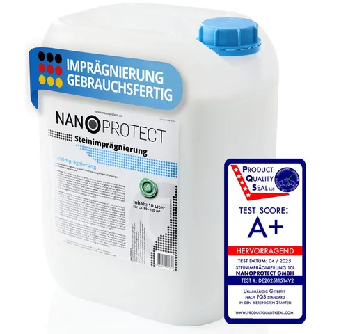 Nanoprotect Steinimprägnierung 10 Liter - Naturstein-Imprägnierung für 80 - 120 qm, unsichtbare Imprägnierung - Made in Germany, ideal für Terrassen, Balkone und Fassaden.