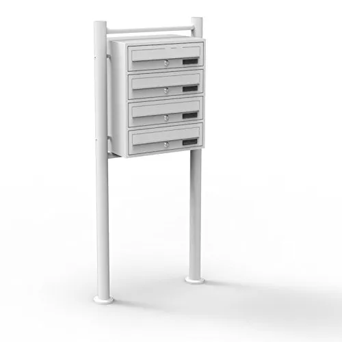 Wiltec 4er Briefkastenanlage weiß 270 x 513 x 1500 mm, Standbriefkasten mit 3 Fächern, Schlüssel und Namensschild, Briefkasten Postkasten mit Ständer