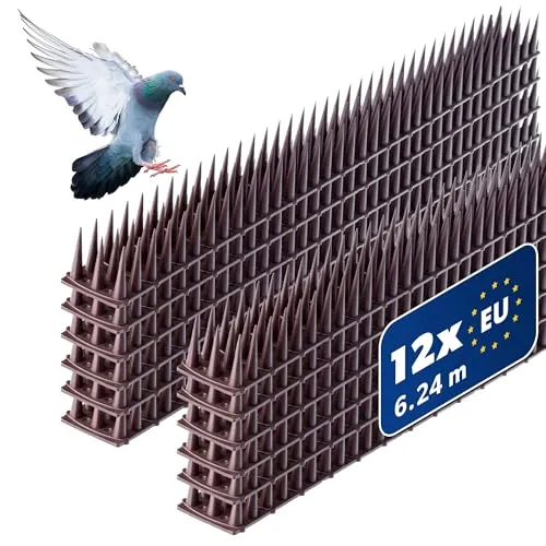 KADAX 12 Stück Vogelabwehr Spikes, Kunststoff, 51x4x3,5 cm, 3-reihig, für Tauben, Katzen, Marder, Zaun, Balkon, Dach, Fensterbank, robust und wetterbeständig, frei zuschneidbar, Braun