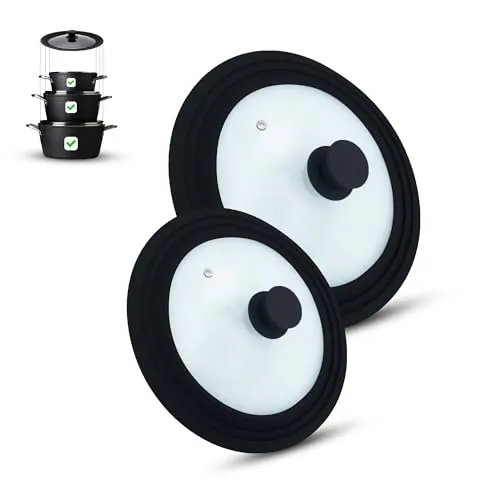 M.S.N 2er Set Universal Glasdeckel, 2-teilig, Töpfe und Pfannen 16/18/20 cm & 24/26/28 cm, mit Auslassventil und Silikonrand. (Schwarz, 16/18/20-24/26/28 cm)