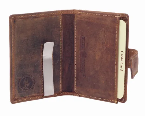 Greenburry Vintage Herren Minibörse - Braun 10,5x8x1 cm - Herren-Geldbörsen mit RFID-Schutz, stylischem Design und Platz für 3-4 Karten. Der Dollarclip hält Ihre Scheine sicher und der Druckknopf verhindert das Verlieren von Inhalten.